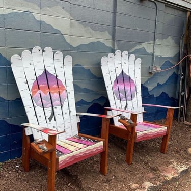 Set of 2 - Aspen Sunset Sky Ski Chairs - Save when you buy a set, hand painted, trees and leaves repurposed skis - hand painted Aspen 