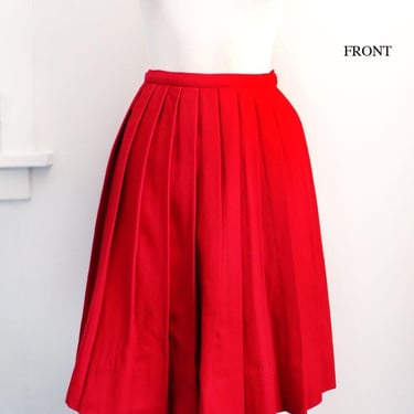 50's Red Pleated Flared Full Skirt, A-Line, Wool, Classic, Mid Century, Dress, Preppy, Dark Academia, Vintage 1950's, 1960's Skirt 