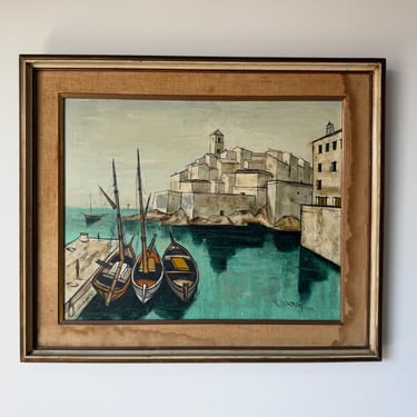 1960's Mid-Century Villard European Coastal Harbor Impressionist Oil Painting – Framed 