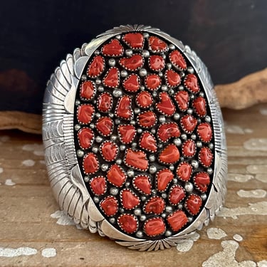 KENNETH JOHNSON Red Coral Cluster Navajo Large Mens Cuff | Sterling Silver Bracelet | Native American | Statement Jewelry | Southwestern 