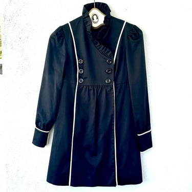 Vintage Betsey Johnson Babydoll Dress Coat Black Double Breasted Ruffle Collar 