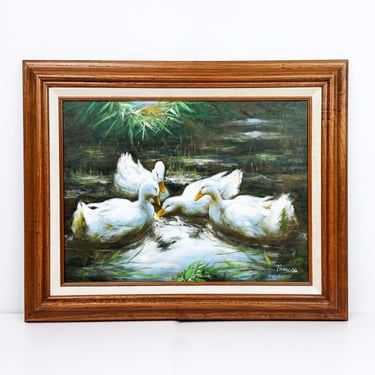 Vintage Original Oil Painting of Swans on Lake, Artist Signed Nature Art, Wooden Frame 