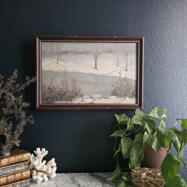 Vintage Oil on Canvas Painting of Wintery Landscape in Wood Frame - Unsigned 
