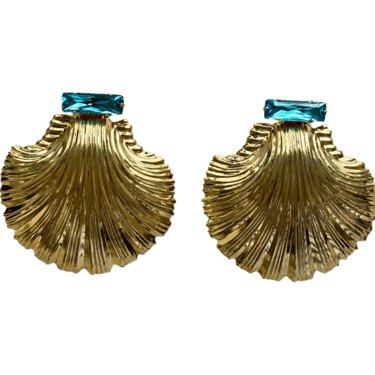 Large Aqua Blue Crystal Gold Shell Earrings
