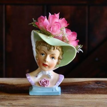 Vintage Ucagco Lady Head Vase, Cottagecore Spring Decor, Woman Planter in Purple with Green Hat & Rose, CHIP, Collector Gift, Plant Holder 