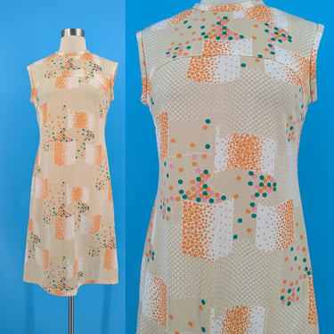 Vintage Seventies Mod Sleeveless Shift Dress - 70s Medium Circle Print Polyester Dress 