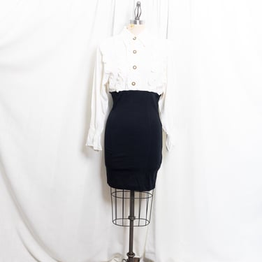 80s White Black Ruffle Bodycon Ruffle Neck Dress Vintage 1980s Secretary Office Siren Pencil Skirt Dress 