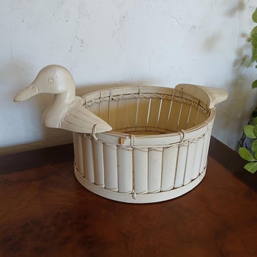 Vintage Hand Made Bamboo and Wood Duck Decorative Storage Basket 