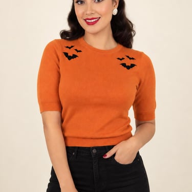 Halloween Bat Sweater, Orange Retro Halloween Knit Top, Vintage Inspired Bat Shirt, Rockabilly Halloween Top, Spooky Season Outfit 