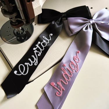 Custom chainstitched / embroidered satin hair bows &mdash; clips & barrettes &mdash; hair accessories &mdash; personalized gifts 