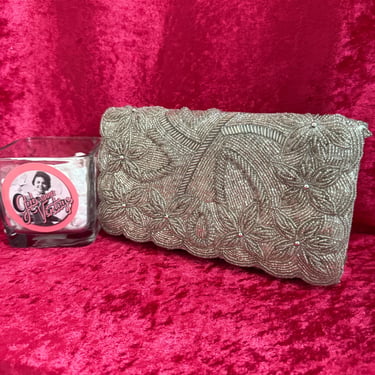 All Over Beads Clutch, Optional Crossbody Strap, Silver Evening Purse, 3-D Floral Pattern, Seed Beads, Vintage 