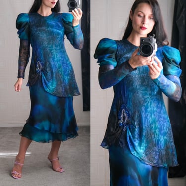 Vintage 80s JUDY HORNBY COUTURE Aqua Teal & Black Tie Dye Bias Cut Sequin Flapper Dress | Made in France | 100% Silk | 1980s Designer Dress 