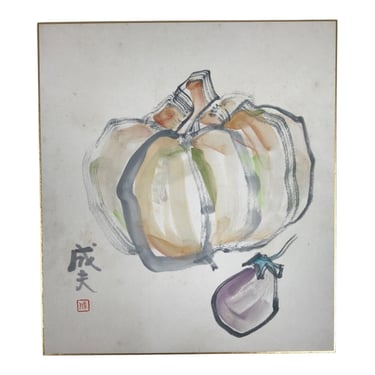 Japanese Shikishi Art Board Vtg Painting Kabocha Nasu Pumpkin Eggplant A847