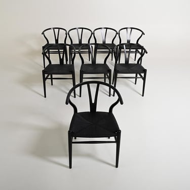 Set of 8 CH24 Wishbone Chairs by Hans J. Wegner, Vintage Black Danish Dining Chairs, 1990s Scandinavian Design 