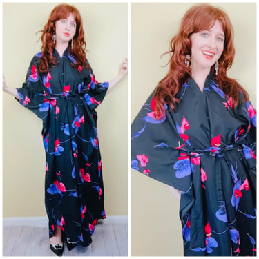 1970s Vintage Purple and Black Hawaiian Caftan / 70s Poly Satin Belted Maxi Dress / One Size 