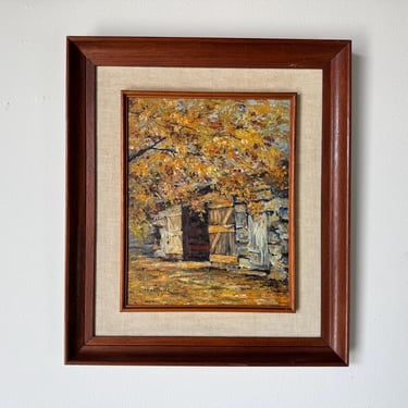 1980s Vintage Autumn Rustic Farm Entrance Landscape Oil Painting by O. Hernandez 