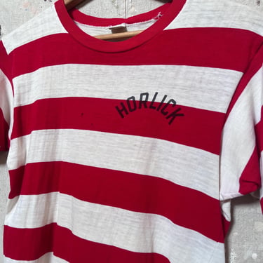 S M 1970s Wide Stripe Cotton Tee Champion Blue Bar Striped T Shirt Horlick Red White 