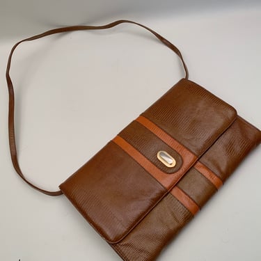 Vintage 1980s Caramel and Rust Faux Snakeskin Clutch or Strap Bag Made in Brazil, Vintage Reptile Skin Clutch, Vintage Oversized Clutch 