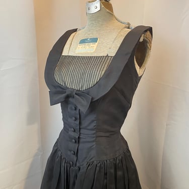 Tuxedo Dress Black Illusion Neckline with Bow 1950s Vintage Cocktail Party S 