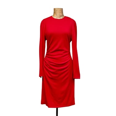 Vintage 1980s Ungaro Dress, Ruched Red Wool Jersey Body Con Style, French Designer Size 12, 38