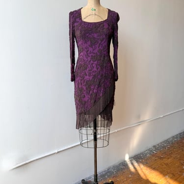 True Vintage 1980s Oleg Cassini Plum Silk Floral Beaded Fringe Dress 