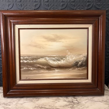 Muted Coastal Oil Painting in Dark Wood Frame