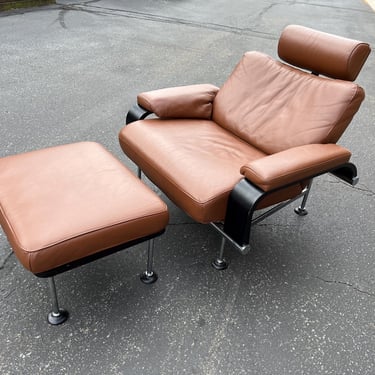 Postmodern Leather Lounge Chair and Ottoman by Nelo of Sweden Scandinavian Danish Modern 