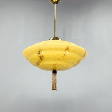 Art Deco Brass & Marble Glass Pendant Light, Czechoslovakia 1930's 