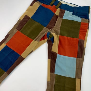 1970'S Patchwork Trousers - Faux Suede Cotton - Vibrant Colorblocked Panels - 36 Inch Waist 