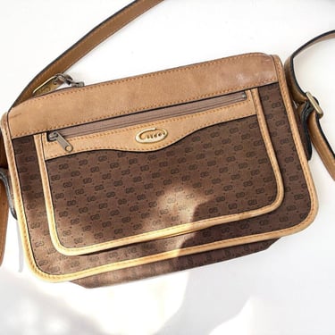 VINTAGE GUCCI Brown Leather & Canvas Crossbody Classic 1970's Purse / Clutch 