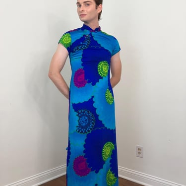 70s Sun Fashions of Hawaii psychedelic bark cloth maxi dress 