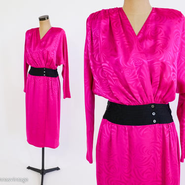 1980s Fuchsia Hot Pink Silk Wrap Dress, Medium 