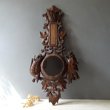 Antique Victorian Black Forest Carved Wood barometer mounted in Mirror. 