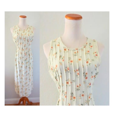 90s Floral Midi Dress - Vintage Green Gingham Sunflower Cottagecore - Size Medium 