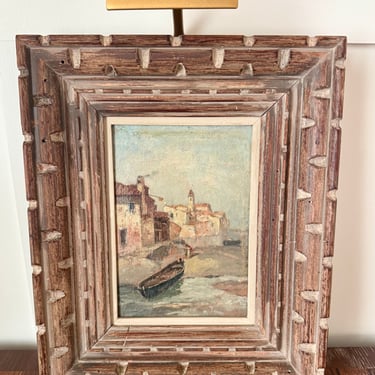 Vintage Oil Painting of European Seaside Village in Carved Wood Frame
