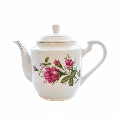 White porcelain teapot w/ rose motif, 6.25" h
