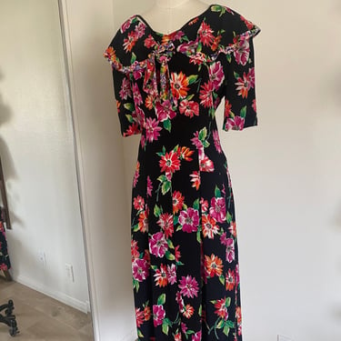 Vintage 80s Liz Claiborne Sport Black Floral Fit & Flare Mini Dress with Dramatic Peter Pan Collar; 80s Floral Baby Doll Dress Sailor Collar 