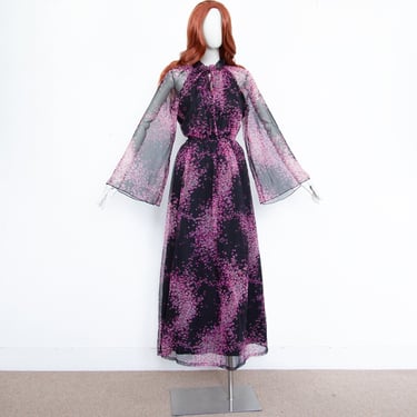 Vintage 70s Black Fuchsia Floral Maxi Long Boho Dress Bell Sheer Sleeves Size S UK 10 
