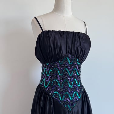 Vintage 80s Metallic Green Purple Zig Zag Sequin Prom Dress Strapless; 70s Gunne Sax Jessica McClintock Cocktail Dress Gathered Bodice 