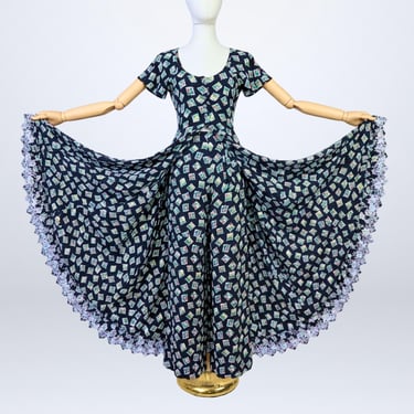 Vintage 90s Betsey Johnson Postage Stamp Print Duster Palazzo Pant Set 1940s Style VFG 