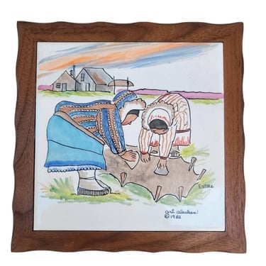 Art Alaskan Inuit Women Scraping Hide Framed Ceramic Tile 8x8 1982 Multicolor M9 