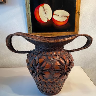Japanese Ikebana Basket Vase Hand Woven two handle Chinese Arrow Bamboo 