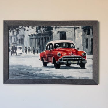 Modern Impressionist Havana Cuba Street Scene Oil on Canvas Painting with Red Classic Car, Signed 