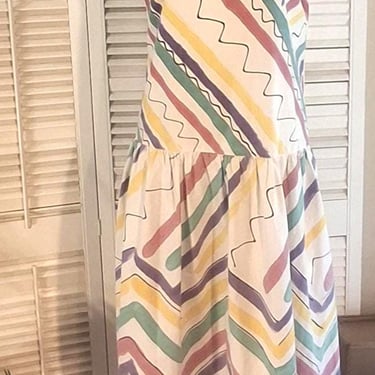 Vintage Pink 80s Cotton Stripe/Squiggle Pattern Penelope Shift Dress / Cotton /Pockets! /m 
