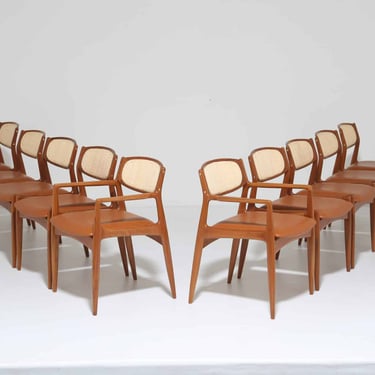 Vintage Set of 10 Model 4325 Teak, Rattan and Tan Leather Dining Chairs by Ib Kofod Larsen for Christian Linneberg, Denmark, 1960s