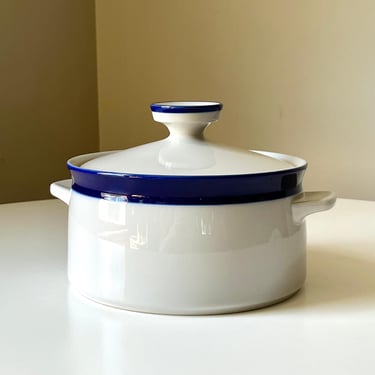 Vintage White Stoneware Lidded Casserole Dish with a Cobalt Blue Accent by Noritake 