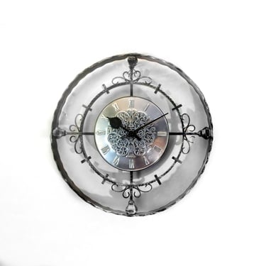 Emes Germany Wrought Iron Clock From 1970s Black and Silver With Emboss Ornaments Classic Design 