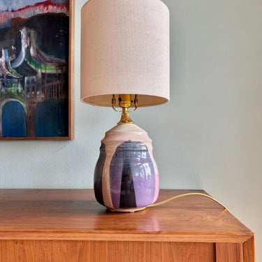 Vintage poured glaze lamp in blue, pink and purple / signed handmade ceramic lamp 