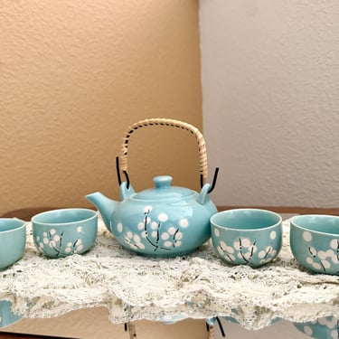 Vintage Tea Set, Japanese, Cherry Blossom Pattern Ceramic, Bamboo Rattan Handle, Matching Cups Set 4, Vintage 50s 60s, Mid Century 