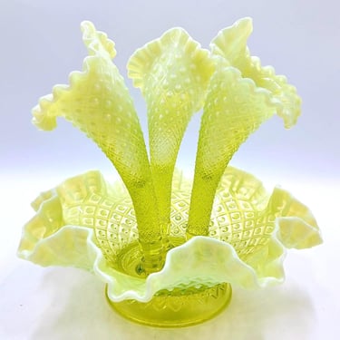 Fenton Glass Uranium Canary Topaz 3-Horn Hobnail Diamond Lace Epergene, Large, 4-piece 